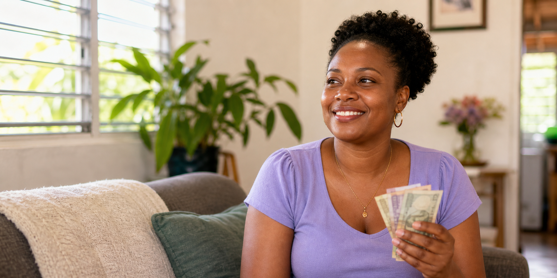 A woman at home smiling with relief while holding cash